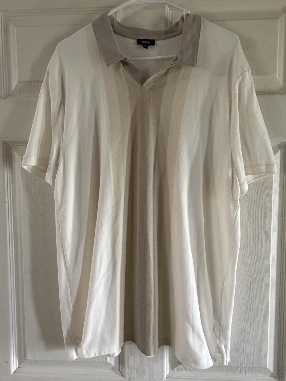 Express Men’s Cream & Tan Vertical Stripe Polo